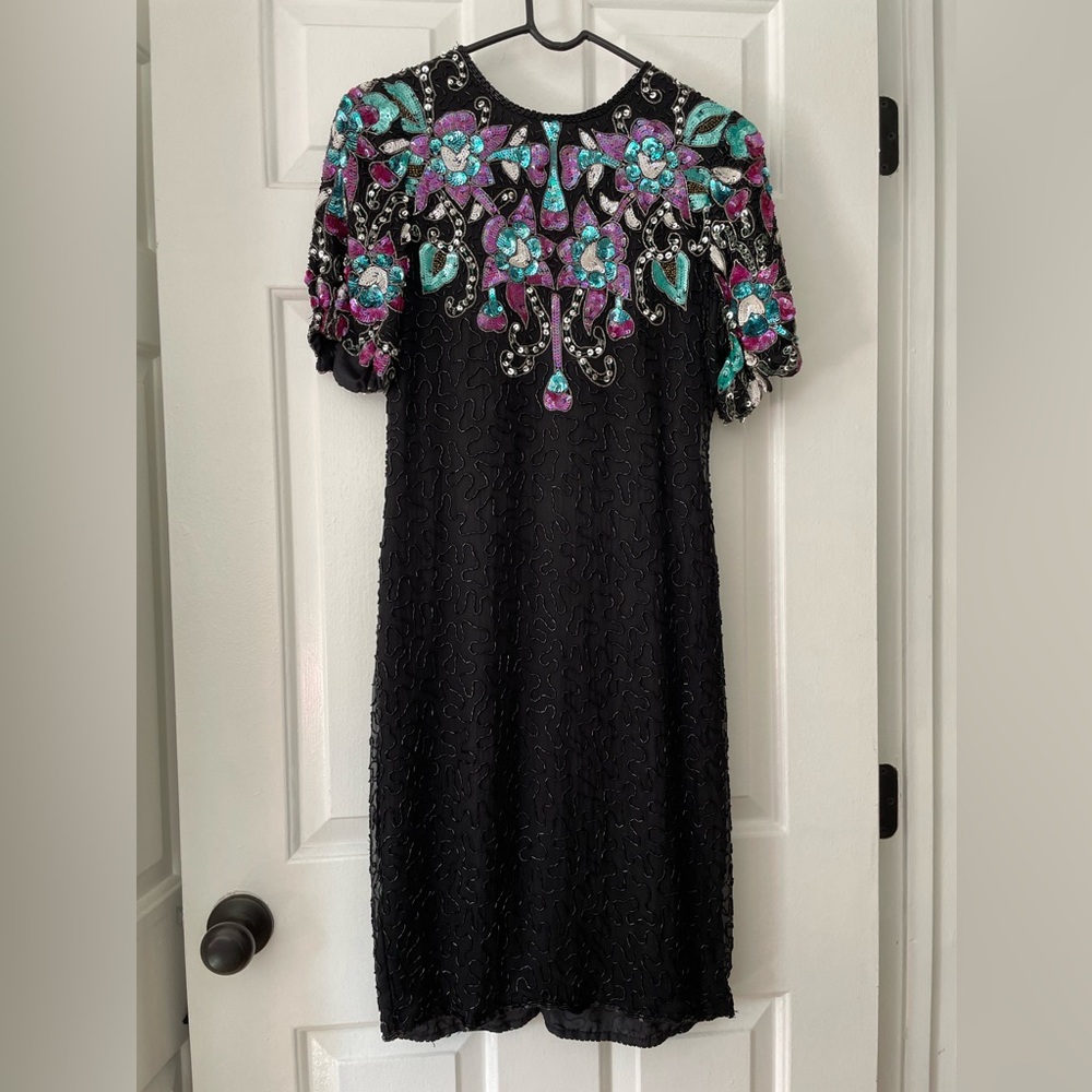 Vintage Lawrence Kazar 100% Silk Beaded Dress